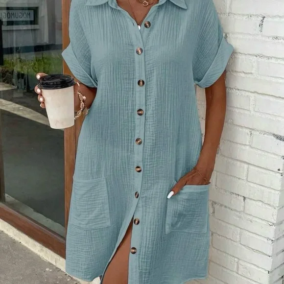 Baby Blue Button-Front Shirt Dress - Picture 5 of 6